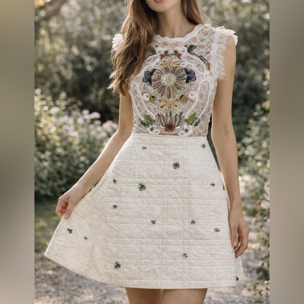 Boutique Ivory Lace Embroidered Mini Dress Beaded Floral Tulle Sleeveless